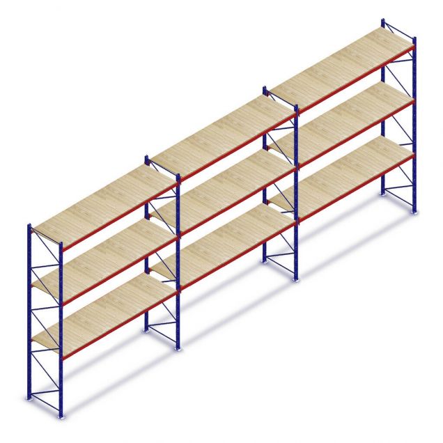 Voordeelrij gebruikte Stow palletstelling 4250x11200x1100mm (hxbxd) 3 niveaus met vlonders